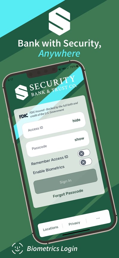 App screen titled Bank with Security, Anywhere, showing the sign-in page with Access ID and Passcode fields, Remember Access ID and Enable Biometrics options, and a Forgot Passcode link