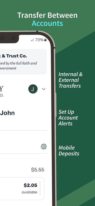 App screen titled Transfer Between Accounts, labeled Internal and External Transfers, Set Up Account Alerts, and Mobile Deposits
