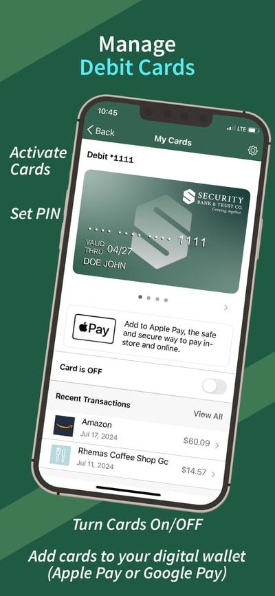 App screen titled Manage Debit Cards, showing a debit card with an option to add it to Apple Pay, a card on and off switch, and recent transactions, labeled Activate Cards, Set PIN and Turn Cards On or Off