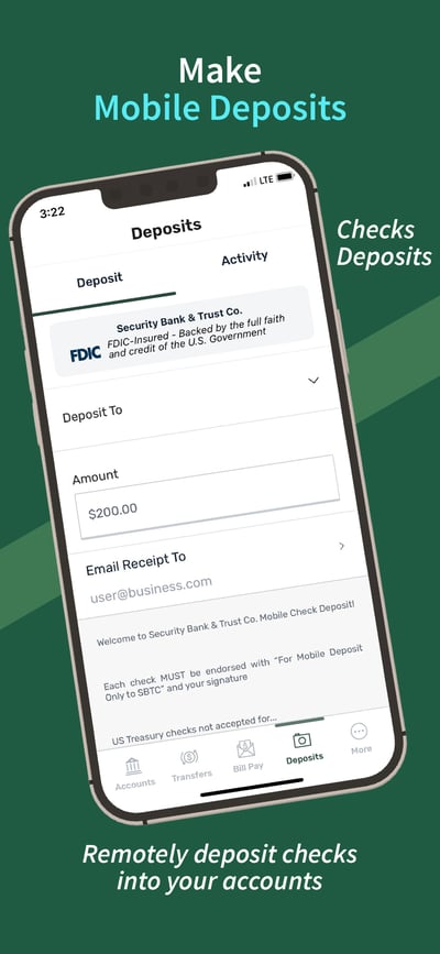 App screen titled Make Mobile Deposits, showing the deposit form with an amount field, an email receipt field and check endorsement instructions