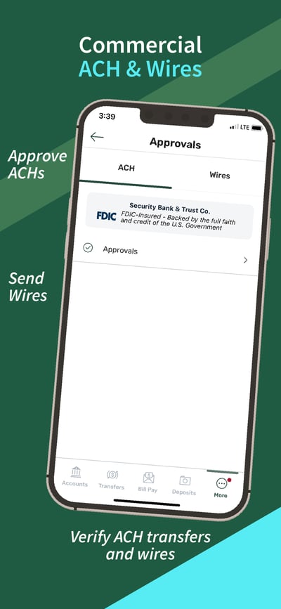 App screen titled Commercial ACH and Wires, showing the approvals page with ACH and Wires tabs, labeled Approve ACHs and Send Wires
