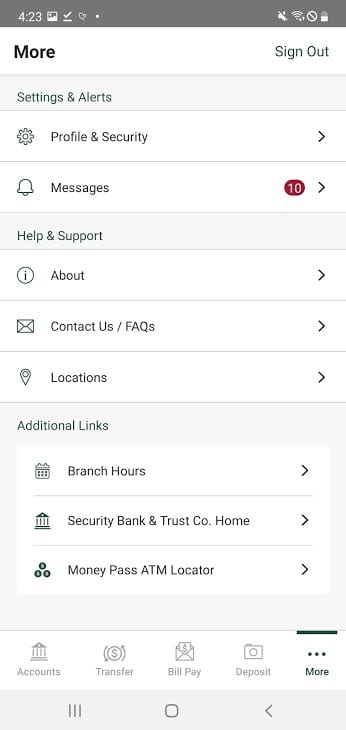 Security Bank & Trust Co app more menu