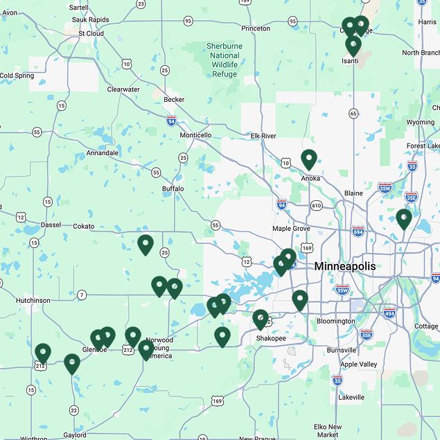 map of west central Minnesota with pins showing Security Bank & Trust locations
