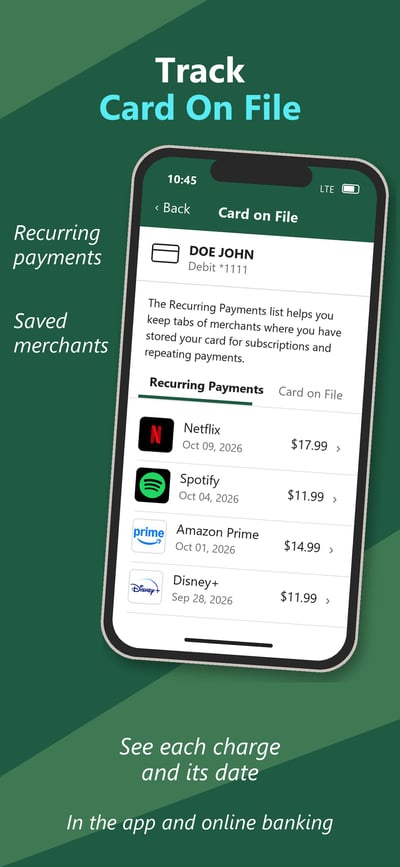 App screen titled Track Card On File, showing the Card on File screen with the Recurring Payments tab listing Netflix, Spotify, Amazon Prime and Disney+ with each charge and its date, labeled Recurring payments, Saved merchants, See each charge and its date, and In the app and online banking