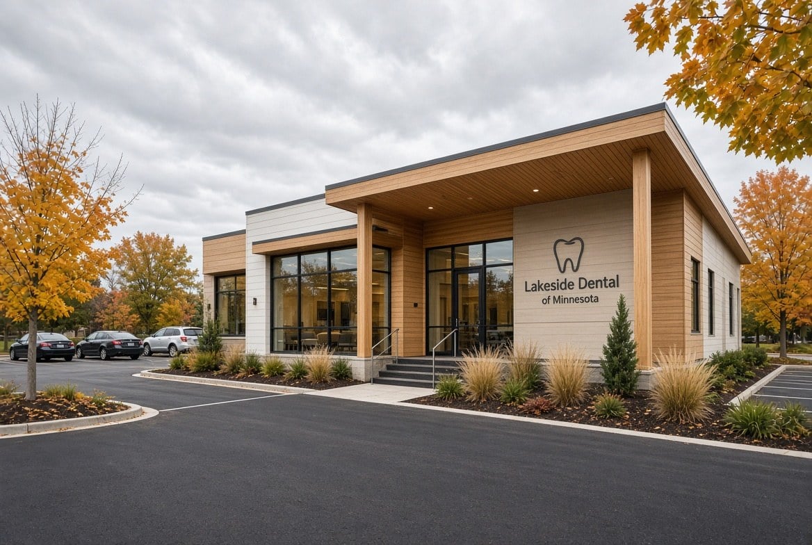 Modern single story dental office building with parking, the kind a practice buyer would finance